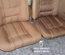 New Seat Skins/Covers/Trims made with FORD XC Houndstooth Seat cloth fabric "ginger" Falcon 500 HARDTOP V8 Fairmont GS Rally Pack Coupe material, and Novatex Vinyl "Ocher". Also available in other cloth colours like "Dusk", "Doeskin" cloth and vinyl colours like black, cream, camel etc. Can also make Cobra style seats with blue and black cloth fabric as per factory original.