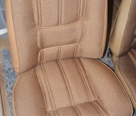 New Seat Skins/Covers/Trims made with FORD XC Houndstooth Seat cloth fabric "ginger" Falcon 500 HARDTOP V8 Fairmont GS Rally Pack Coupe material, and Novatex Vinyl "Ocher". Also available in other cloth colours like "Dusk", "Doeskin" cloth and vinyl colours like black, cream, camel etc. Can also make Cobra style seats with blue and black cloth fabric as per factory original.