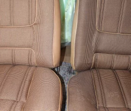 New Seat Skins/Covers/Trims made with FORD XC Houndstooth Seat cloth fabric "ginger" Falcon 500 HARDTOP V8 Fairmont GS Rally Pack Coupe material, and Novatex Vinyl "Ocher". Also available in other cloth colours like "Dusk", "Doeskin" cloth and vinyl colours like black, cream, camel etc. Can also make Cobra style seats with blue and black cloth fabric as per factory original.