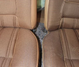 New Seat Skins/Covers/Trims made with FORD XC Houndstooth Seat cloth fabric "ginger" Falcon 500 HARDTOP V8 Fairmont GS Rally Pack Coupe material, and Novatex Vinyl "Ocher". Also available in other cloth colours like "Dusk", "Doeskin" cloth and vinyl colours like black, cream, camel etc. Can also make Cobra style seats with blue and black cloth fabric as per factory original.