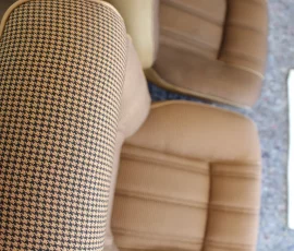 New Seat Skins/Covers/Trims made with FORD XC Houndstooth Seat cloth fabric "ginger" Falcon 500 HARDTOP V8 Fairmont GS Rally Pack Coupe material, and Novatex Vinyl "Ocher". Also available in other cloth colours like "Dusk", "Doeskin" cloth and vinyl colours like black, cream, camel etc. Can also make Cobra style seats with blue and black cloth fabric as per factory original.