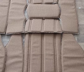 New Seat Skins/Covers/Trims made with FORD XC Houndstooth Seat cloth fabric "ginger" Falcon 500 HARDTOP V8 Fairmont GS Rally Pack Coupe material, and Novatex Vinyl "Ocher". Also available in other cloth colours like "Dusk", "Doeskin" cloth and vinyl colours like black, cream, camel etc. Can also make Cobra style seats with blue and black cloth fabric as per factory original.