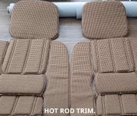 New Seat Skins/Covers/Trims made with FORD XC Houndstooth Seat cloth fabric "ginger" Falcon 500 HARDTOP V8 Fairmont GS Rally Pack Coupe material, and Novatex Vinyl "Ocher". Also available in other cloth colours like "Dusk", "Doeskin" cloth and vinyl colours like black, cream, camel etc. Can also make Cobra style seats with blue and black cloth fabric as per factory original.