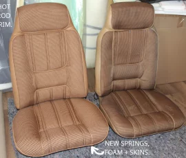 New Seat Skins/Covers/Trims made with FORD XC Houndstooth Seat cloth fabric "ginger" Falcon 500 HARDTOP V8 Fairmont GS Rally Pack Coupe material, and Novatex Vinyl "Ocher". Also available in other cloth colours like "Dusk", "Doeskin" cloth and vinyl colours like black, cream, camel etc. Can also make Cobra style seats with blue and black cloth fabric as per factory original.