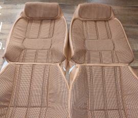 New Seat Skins/Covers/Trims made with FORD XC Houndstooth Seat cloth fabric "ginger" Falcon 500 HARDTOP V8 Fairmont GS Rally Pack Coupe material, and Novatex Vinyl "Ocher". Also available in other cloth colours like "Dusk", "Doeskin" cloth and vinyl colours like black, cream, camel etc. Can also make Cobra style seats with blue and black cloth fabric as per factory original.