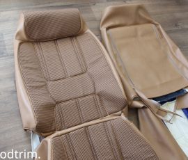 New Seat Skins/Covers/Trims made with FORD XC Houndstooth Seat cloth fabric "ginger" Falcon 500 HARDTOP V8 Fairmont GS Rally Pack Coupe material, and Novatex Vinyl "Ocher". Also available in other cloth colours like "Dusk", "Doeskin" cloth and vinyl colours like black, cream, camel etc. Can also make Cobra style seats with blue and black cloth fabric as per factory original.