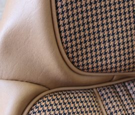 New Seat Skins/Covers/Trims made with FORD XC Houndstooth Seat cloth fabric "ginger" Falcon 500 HARDTOP V8 Fairmont GS Rally Pack Coupe material, and Novatex Vinyl "Ocher". Also available in other cloth colours like "Dusk", "Doeskin" cloth and vinyl colours like black, cream, camel etc. Can also make Cobra style seats with blue and black cloth fabric as per factory original.