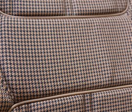 New Seat Skins/Covers/Trims made with FORD XC Houndstooth Seat cloth fabric "ginger" Falcon 500 HARDTOP V8 Fairmont GS Rally Pack Coupe material, and Novatex Vinyl "Ocher". Also available in other cloth colours like "Dusk", "Doeskin" cloth and vinyl colours like black, cream, camel etc. Can also make Cobra style seats with blue and black cloth fabric as per factory original.