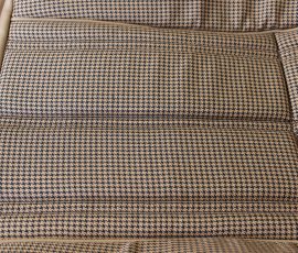 New Seat Skins/Covers/Trims made with FORD XC Houndstooth Seat cloth fabric "ginger" Falcon 500 HARDTOP V8 Fairmont GS Rally Pack Coupe material, and Novatex Vinyl "Ocher". Also available in other cloth colours like "Dusk", "Doeskin" cloth and vinyl colours like black, cream, camel etc. Can also make Cobra style seats with blue and black cloth fabric as per factory original.