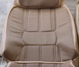 New Seat Skins/Covers/Trims made with FORD XC Houndstooth Seat cloth fabric "ginger" Falcon 500 HARDTOP V8 Fairmont GS Rally Pack Coupe material, and Novatex Vinyl "Ocher". Also available in other cloth colours like "Dusk", "Doeskin" cloth and vinyl colours like black, cream, camel etc. Can also make Cobra style seats with blue and black cloth fabric as per factory original.