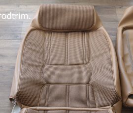 New Seat Skins/Covers/Trims made with FORD XC Houndstooth Seat cloth fabric "ginger" Falcon 500 HARDTOP V8 Fairmont GS Rally Pack Coupe material, and Novatex Vinyl "Ocher". Also available in other cloth colours like "Dusk", "Doeskin" cloth and vinyl colours like black, cream, camel etc. Can also make Cobra style seats with blue and black cloth fabric as per factory original.