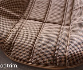 New Seat Skins/Covers/Trims made with FORD XC Houndstooth Seat cloth fabric "ginger" Falcon 500 HARDTOP V8 Fairmont GS Rally Pack Coupe material, and Novatex Vinyl "Ocher". Also available in other cloth colours like "Dusk", "Doeskin" cloth and vinyl colours like black, cream, camel etc. Can also make Cobra style seats with blue and black cloth fabric as per factory original.