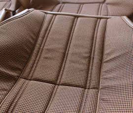 New Seat Skins/Covers/Trims made with FORD XC Houndstooth Seat cloth fabric "ginger" Falcon 500 HARDTOP V8 Fairmont GS Rally Pack Coupe material, and Novatex Vinyl "Ocher". Also available in other cloth colours like "Dusk", "Doeskin" cloth and vinyl colours like black, cream, camel etc. Can also make Cobra style seats with blue and black cloth fabric as per factory original.