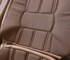 New Seat Skins/Covers/Trims made with FORD XC Houndstooth Seat cloth fabric "ginger" Falcon 500 HARDTOP V8 Fairmont GS Rally Pack Coupe material, and Novatex Vinyl "Ocher". Also available in other cloth colours like "Dusk", "Doeskin" cloth and vinyl colours like black, cream, camel etc. Can also make Cobra style seats with blue and black cloth fabric as per factory original.