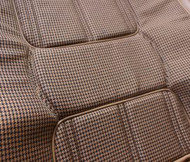 New Seat Skins/Covers/Trims made with FORD XC Houndstooth Seat cloth fabric "ginger" Falcon 500 HARDTOP V8 Fairmont GS Rally Pack Coupe material, and Novatex Vinyl "Ocher". Also available in other cloth colours like "Dusk", "Doeskin" cloth and vinyl colours like black, cream, camel etc. Can also make Cobra style seats with blue and black cloth fabric as per factory original.